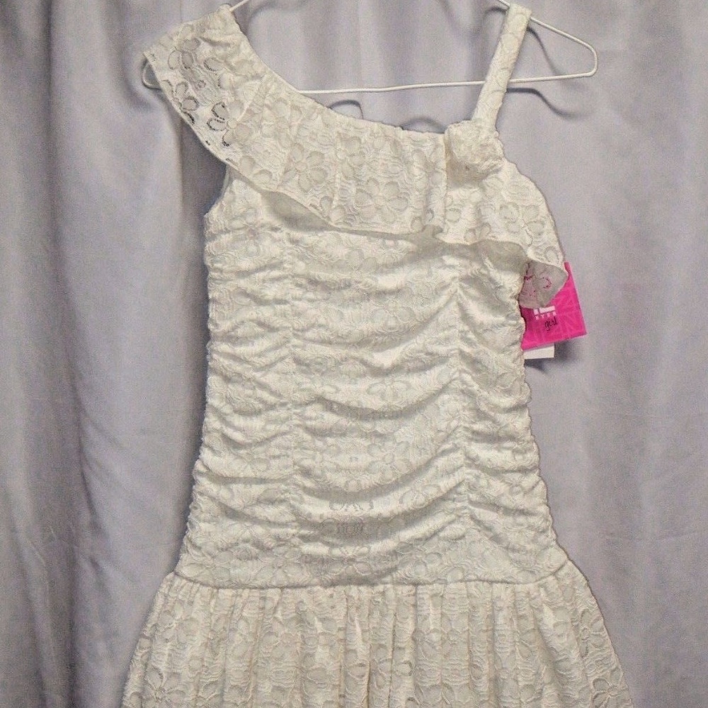 Amy Byer Girls Ivory One Shoulder Lace Ruched Dress Size‎ 10 New